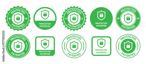 Patented Protected, Technology, Intellectual Property, Patent Applied logo, badge, icon, sticker, label, emblem, stamp, symbol, black, line circle, flat vector, isolated illustration.