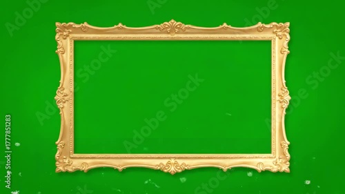 Green Screen Overlay with gold frame from snowflakes in background animated christmas greeting card distortion, overlay, glitch, static noise, scan lines on black background, 4k video loop