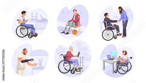 People with physical disabilities working or engaging in daily activities, cartoon style on abstract background. Concept of inclusivity. Vector illustration