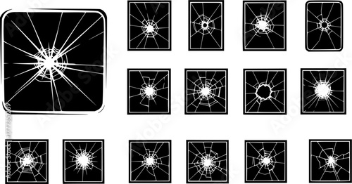 Broken glass, Cracked glass, Broken glass silhouette, Cracked glass silhouette, Broken glass clipart, Broken glass vector set.