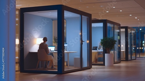 Modern open plan office featuring modular glass workspaces with individuals engaged in productive activities, showcasing a contemporary and collaborative work environment