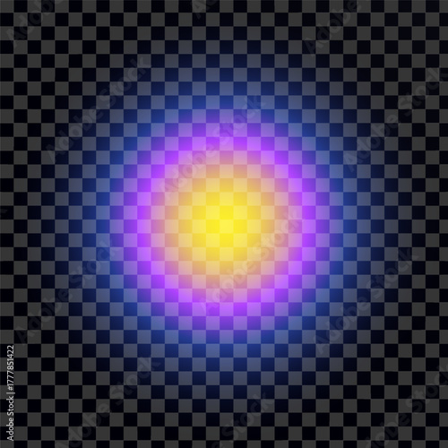 Glowing yellow energy orb with radiant purple halo on checkered background.