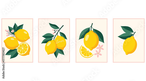 Vibrant lemon collection isolated on white background a set of four botanical illustrations featuring fresh lemons, green leaves, and delicate flowers in a minimalist style
