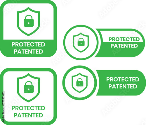 Patented Protected, Technology, Intellectual Property, Patent Applied logo, badge, icon, sticker, label, emblem, stamp, symbol, black, line circle, flat vector, isolated illustration.