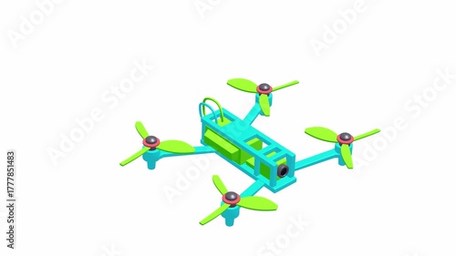 FPV Tactical Drone Flying Loop - 3D animation isolated on white background. Remote control air drone. Pink Dron flying with action video camera.