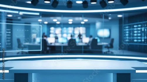 Virtual Set Design with tv studio news room background blue newsroom bakground control backdrop for any green screen or chroma key video production blurred of at station loop 3d rendering distortion