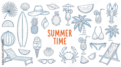 Summer time doodle collection isolated on white background handdrawn vector set featuring beach elements, tropical fruits, and holiday icons for vacation designs
