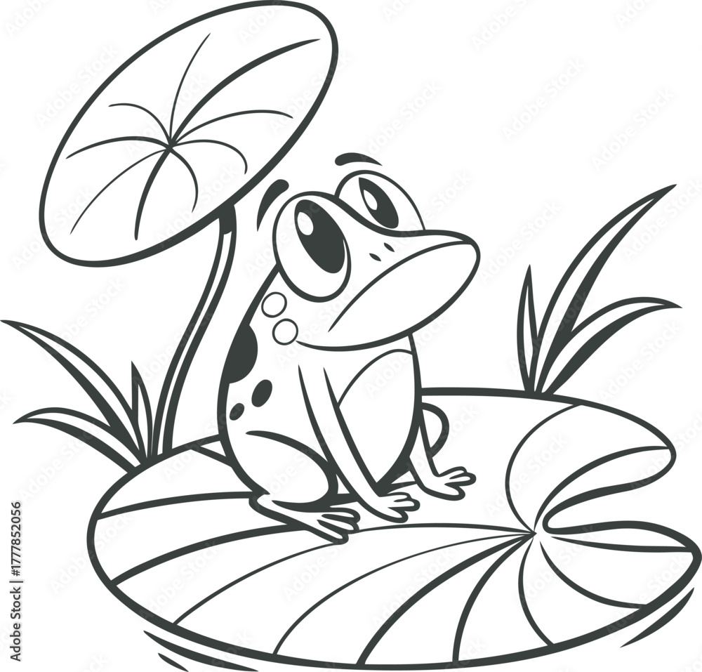 Fototapeta premium Cute Cartoon Frog Sitting on Lily Pad
