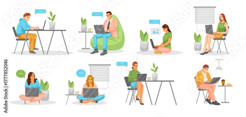 People sitting in different postures using laptops with chat bubbles, casual outfits, indoor plants, white background. Concept of remote work. Vector illustration