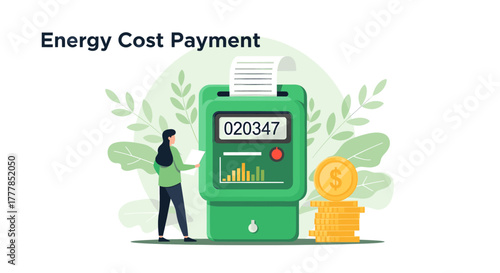 Energy cost payment concept with a person interacting with a payment terminal and coins