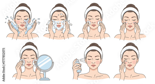 Woman performing skincare routine, washing face, applying toner, and serum