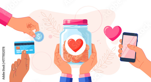 Hands donating money to a jar with a heart symbol, symbolizing charity and fundraising