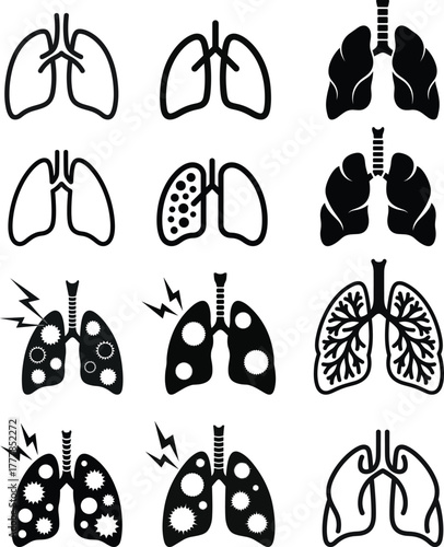 Lungs icon set human respiratory organ health and disease isolated vector illustration