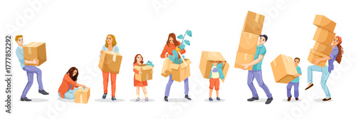 Group of adults and children holding or unpacking cardboard boxes, cartoon style, isolated on white. Concept of moving or relocation. Vector illustration