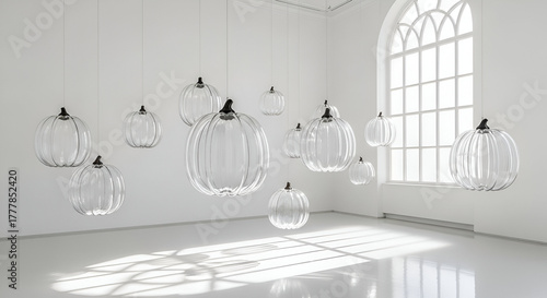 Glass Pumpkin Chandeliers in Bright Room photo stock