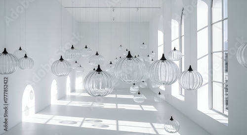 Glass Pumpkin Chandeliers in White Room photo stock