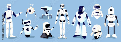 Collection of futuristic robots in various humanoid and tech styles, flat graphic style on blue background. Concept of artificial intelligence. Vector illustration