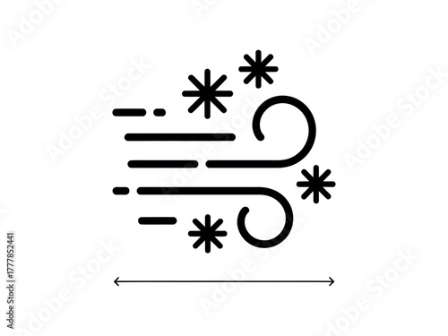 A stylized icon depicts strong wind blowing with snowflakes, representing a cold weather forecast.