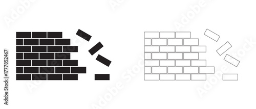 simple under construction icon, vector flat design unsafe building break down brick wall with falling bricks broken. simple square strong brick wall pieces icon, building structure pattern flat vector