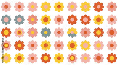 A delightful collection of colorful flower icons isolated on white background, featuring a variety of shapes and hues, perfect for spring and summer designs