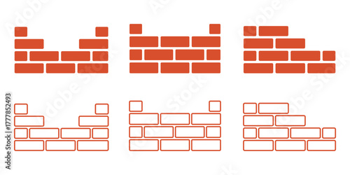 Brick wall solid and line art icon set, a versatile graphic for construction, home, and industrial-themed designs.