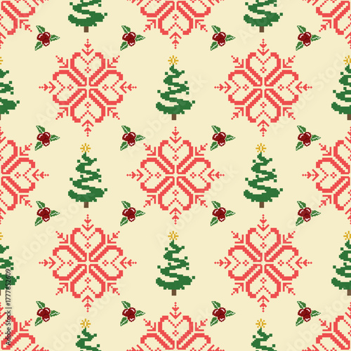 Seamless Pixel Art Christmas Pattern with Trees, Snowflakes, and Holly