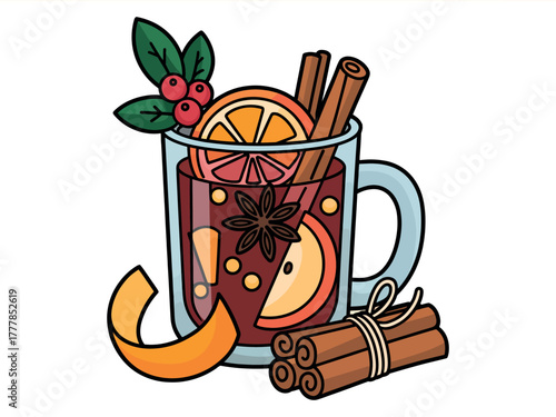 A warm mug of mulled wine is garnished with fruit and spices for a festive drink.