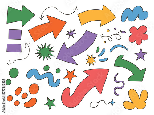 A collection of colorful, hand-drawn arrows and abstract shapes are displayed on a white background.
