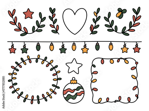 A collection of festive Christmas decorations including garlands, lights, and ornaments are displayed.