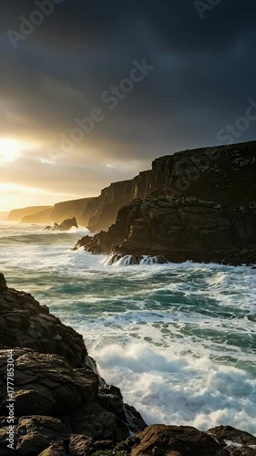 Waves Crashing Against Rocky Coastline at Golden Hour