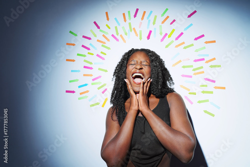 Portrait of a screaming woman at the center. Arrows in the background point towards the woman. social media addiction, communication concept.