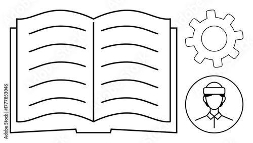 Open book with text lines, gear, and professional avatar wearing a headband, signifying education, skills development, and management. Ideal for learning, training, knowledge sharing coaching