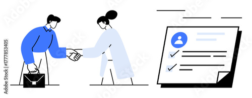 Businesspeople shaking hands near a profile checklist. Ideal for business, partnership, recruitment, agreement, teamwork, negotiation, success. Simple flat metaphor