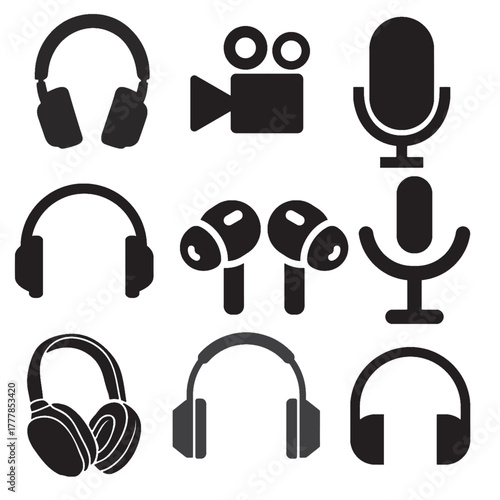 Headphone, earphone, microphone, usb, camera silhouette vector design in white background