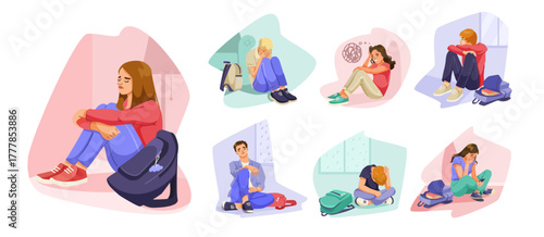 Group of sad and depressed students sitting alone with backpacks, flat cartoon graphic style, isolated on white background. Concept of school stress. Vector illustration
