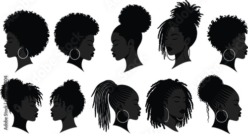 Black woman silhouette, afro hairstyle, natural curls, locs, braids, hoop earrings, textured hair, African beauty, profile portrait, diversity