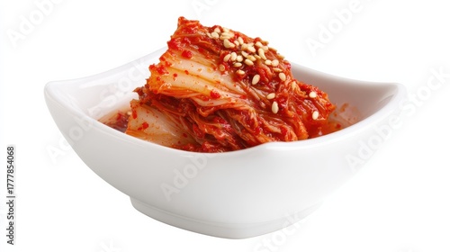 Korean kimchi close-up, spicy fermented napa cabbage, gochugaru seasoning, sesame seeds, chopsticks, traditional banchan side dishes, isolated white background, authentic Korean cuisine, commercial.