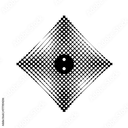 Black and white diamond pattern composed of dots with a black circle in the center containing two dots