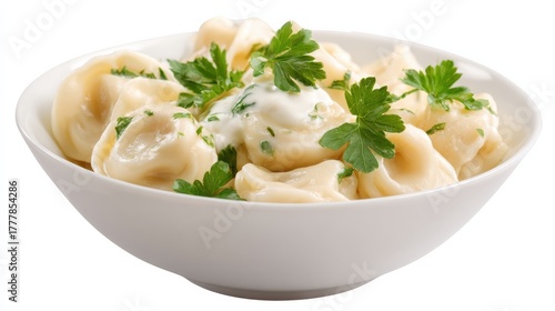 Wallpaper Mural Russian pelmeni isolated on white background, sour cream, fresh herbs, black pepper, traditional ceramic plate, warm cozy lighting, homemade dumplings, menu commercial use. Torontodigital.ca