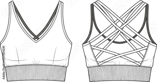 Technical fashion illustration, sports bra design, activewear sketch, front and back view, crisscross straps, V-neck, ribbed underband, garment construction