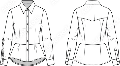 Women's shirt sketch, fashion flat, technical drawing, button-up blouse, garment design, sewing pattern, apparel template, long sleeve, princess seam, stylish silhouette
