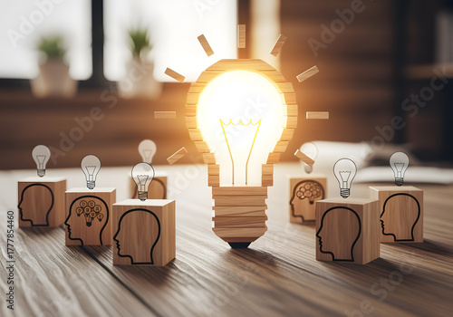 Bright Idea Concept with Wooden Blocks Displaying Light Bulb and Thought Heads