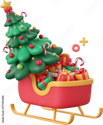 Santa Sleigh with Christmas tree and gift box, Christmas theme elements 3d illustration