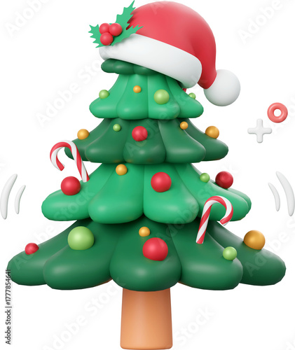 Christmas tree wearing Santa hat, Christmas theme elements 3d illustration