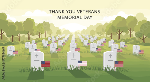 Memorial Day cemetery scene with crosses and American flags, honoring veterans, suitable for commemorative materials and educational conten