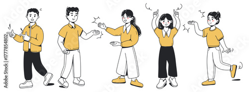 Group of five cartoon characters in casual clothes, showing expressive hand gestures and emotions, on white background. Concept of communication. Vector illustration