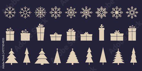 A collection of silhouettes of Christmas trees, gifts, snowflakes. Festive winter icon set, isolated, vector illustration. Graphic golden element for design, decoration, postcards, greetings