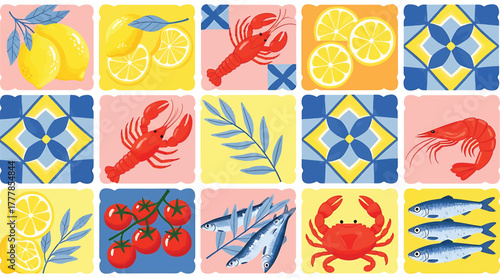 A vibrant seafood mosaic isolated on white background showcases an array of marine delicacies, including lobster, shrimp, crab, and fish, complemented by lemons and decorative tiles