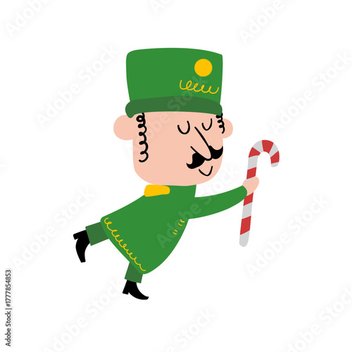 Green nutcracker soldier with candy cane vector illustration, ballet character