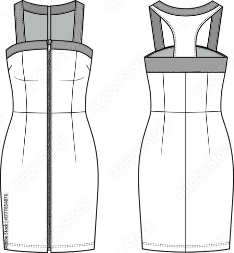 Fashion, dress, technical sketch, racerback, zipper, sleeveless, fitted, garment, design, illustration, pattern, sewing, apparel, style, trendy, modern, sporty, activewear, princess seams, contrast pa